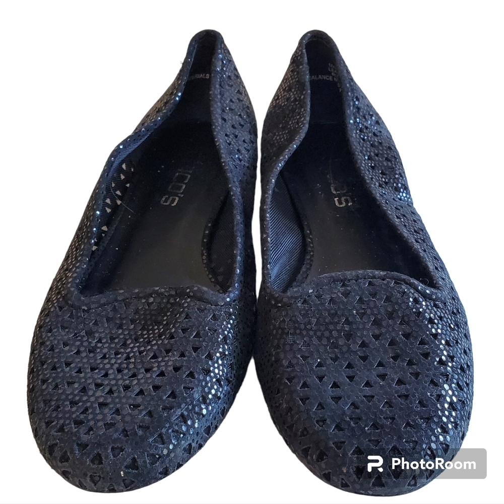 Chico's Black Shimmer Leather Ballet Flats Size 8 Slip-On Round Toe Balletcore